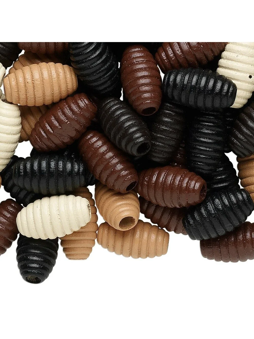 Fluted Carved Earthy Brown Black Tan Cream 20x11mm Oval Korean Wood Beads 15 pcs